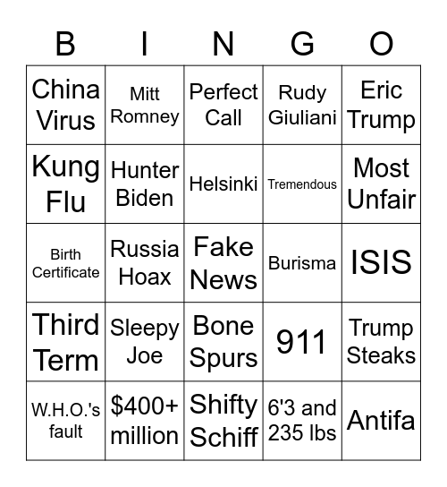 2020 Debate Bingo Card