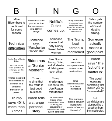 2020 Election September Debate Bingo Card