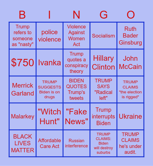 2020 Biden-Trump Debate Bingo Card