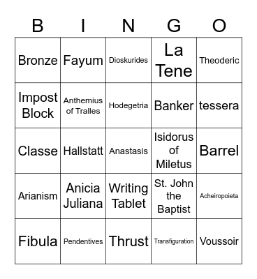 Early Byzantine & Celtic Art Bingo Card