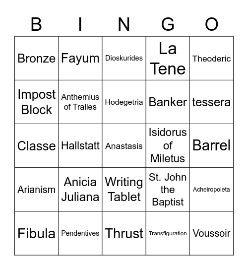 Early Byzantine & Celtic Art Bingo Card