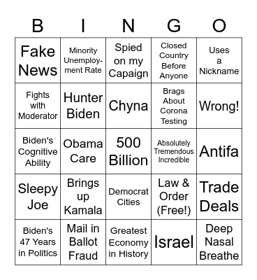 TRUMP 2020 Debate Bingo Card