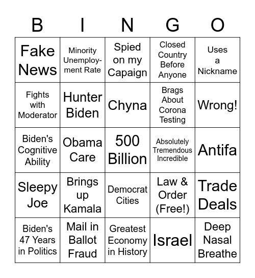 TRUMP 2020 Debate Bingo Card