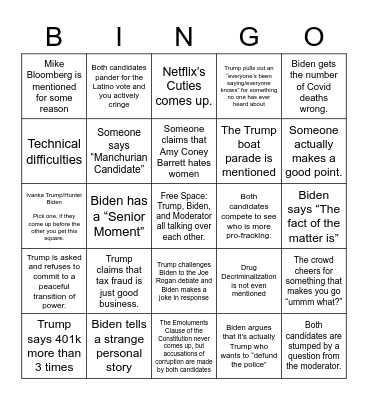2020 Election September Debate Bingo Card