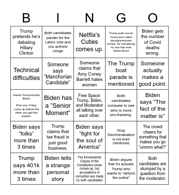 2020 Election September Debate Bingo Card