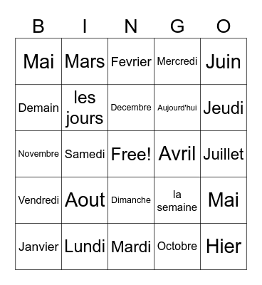 French Months/Days Bingo Card