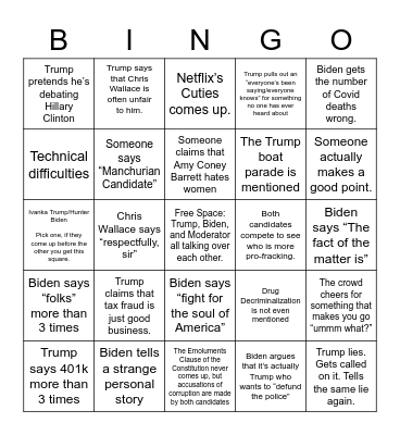 2020 Election September Debate Bingo Card