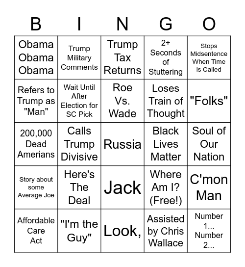 BIDEN 2020 Debate Bingo Card