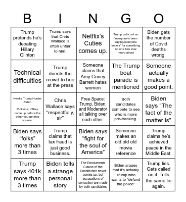 2020 Election September Debate Bingo Card