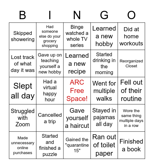 Quarantine Bingo Card