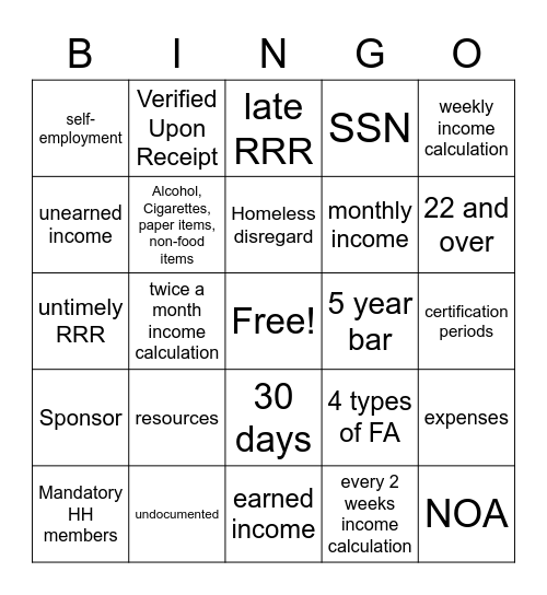 SNAP Bingo Card