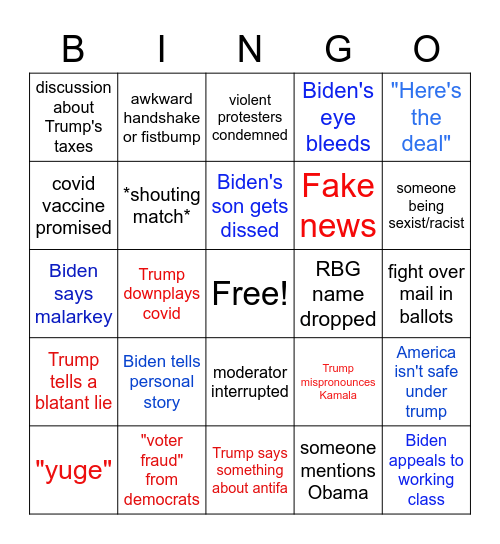 First Presidential Debate Bingo Card