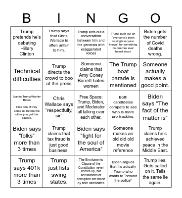 2020 Election September Debate Bingo Card