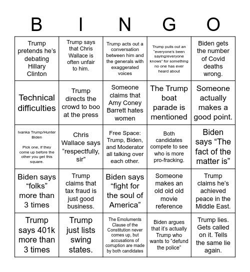 2020 Election September Debate Bingo Card