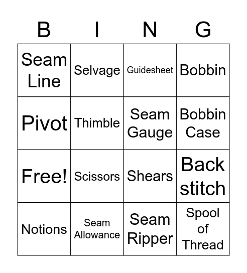 Sewing terms and tools Bingo Card