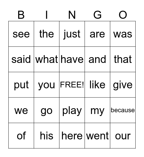 Sight Word Bingo Card