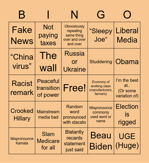 1st 2020 Presidential Debate Bingo Card