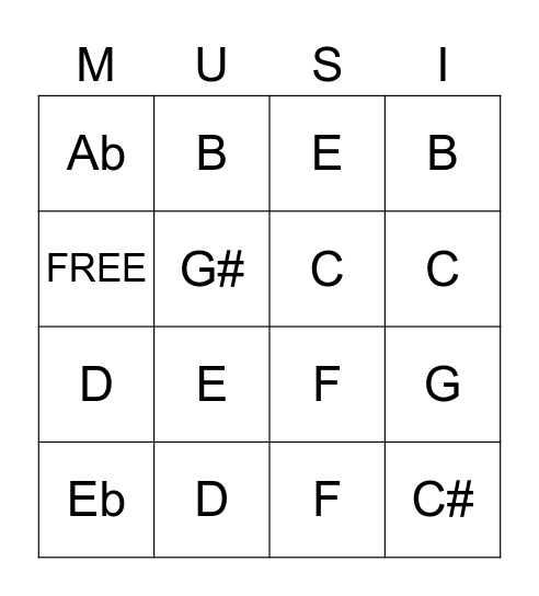 Music Note Bingo Card