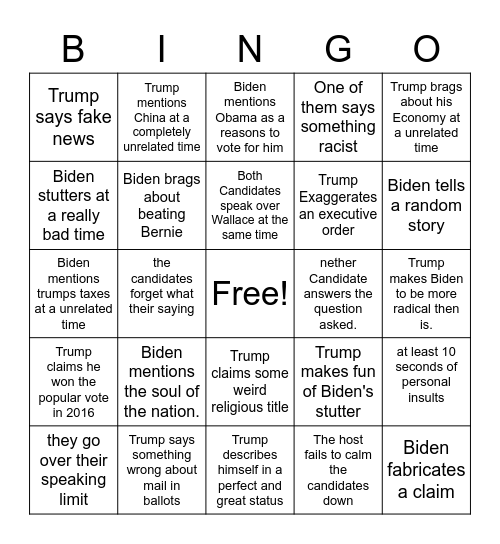 First Presidential Debates Bingo Card