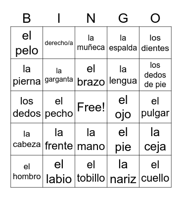 Las partes del cuerpo Bingo Card