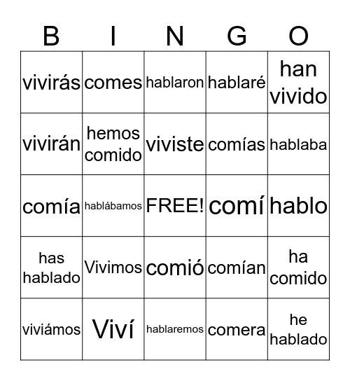 Verb Bingo Card