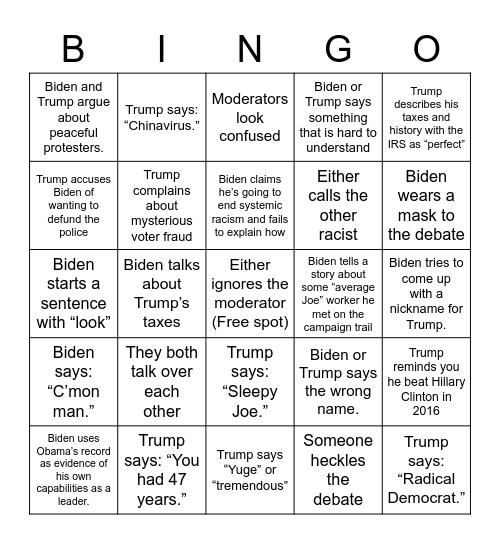 Debate Drinking Bingo Card