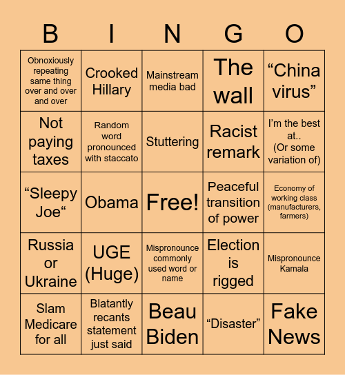 1st 2020 Presidential Debate Bingo Card