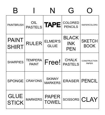 ART SUPPLIES Bingo Card