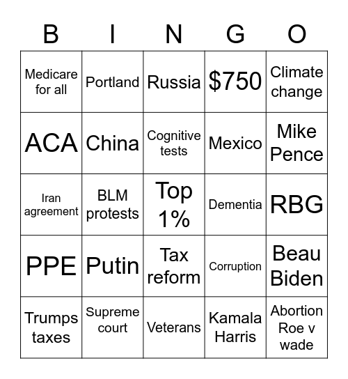 Debate night 1 2020 Bingo Card