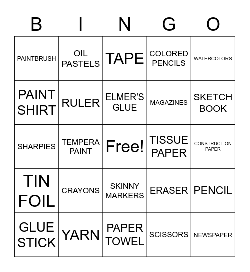 ART SUPPLIES Bingo Card