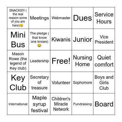 KEY CLUB BINGO!!!!!! Bingo Card