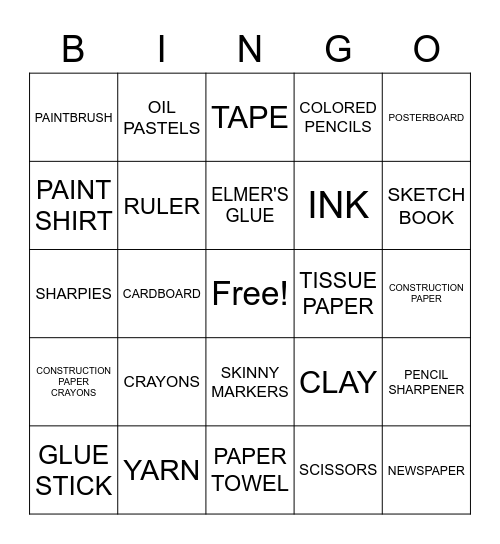 ART SUPPLIES Bingo Card