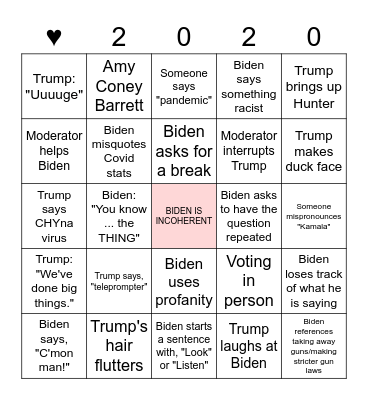 Debate Bingo 9/29/2020 Bingo Card