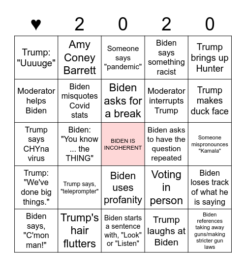 Debate Bingo 9/29/2020 Bingo Card