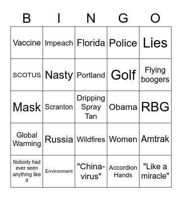 29 September 2020 Presidential Debate Bingo Card