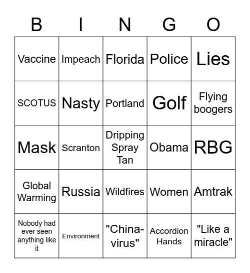 29 September 2020 Presidential Debate Bingo Card