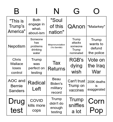 September 29 Debate Bingo Card