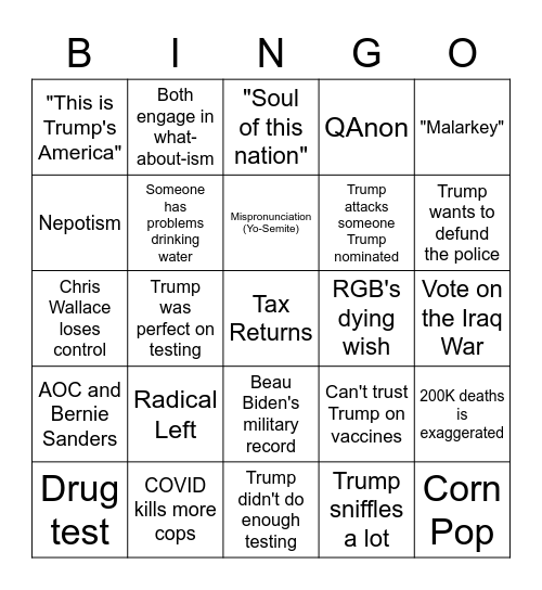 September 29 Debate Bingo Card