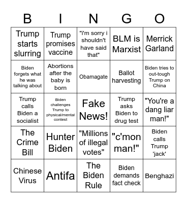9/29 Debate Bingo Card