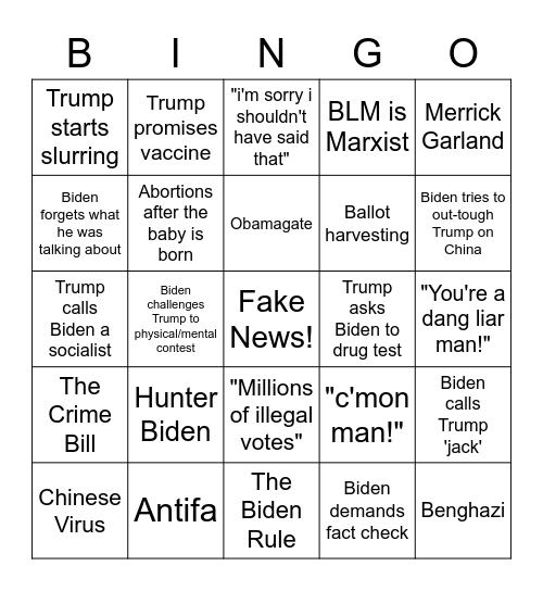 9/29 Debate Bingo Card