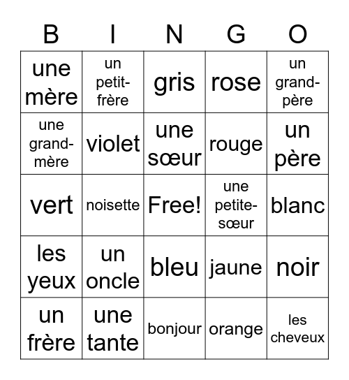 La famille et les couleurs Bingo Card