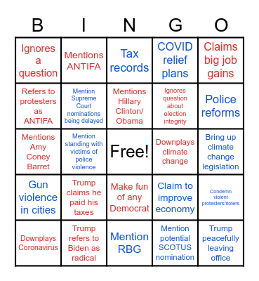 9/29/20 Presidential Debate Bingo Card