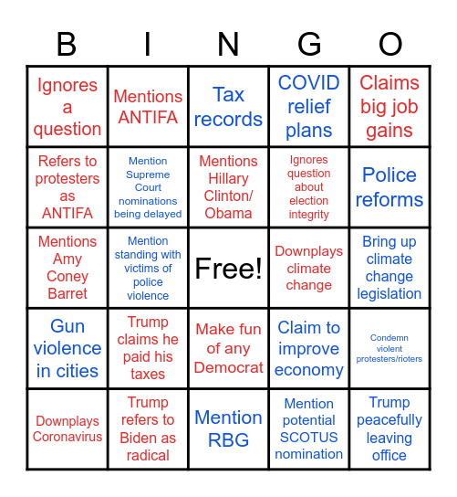 9/29/20 Presidential Debate Bingo Card
