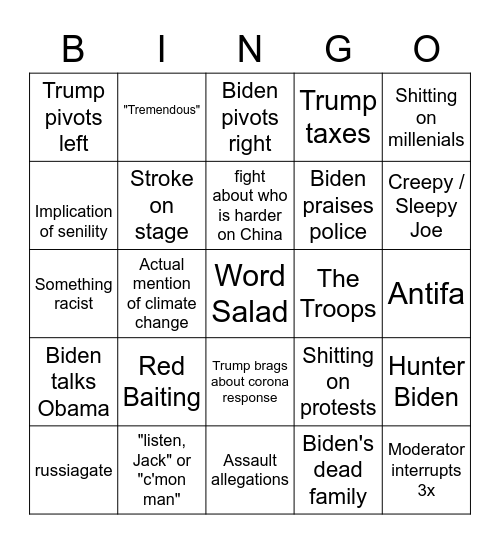 Trump v Biden | Debate Night Bingo Card