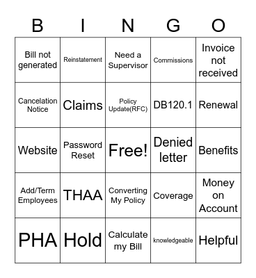 Customer Service Bingo Card