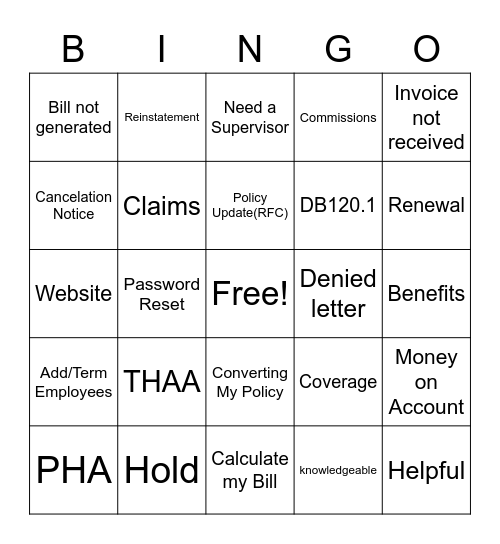 Customer Service Bingo Card