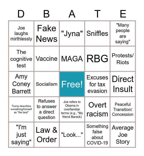 1st Presidential Debate 2020 Bingo Card