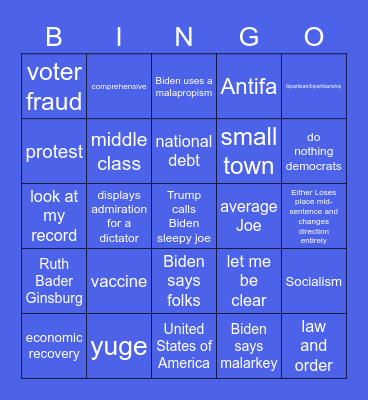 1st Presidential Debate Bingo 2020 Bingo Card