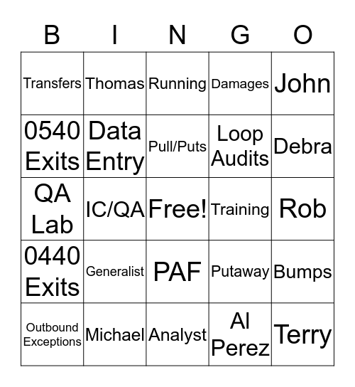 Team Building IC/QA Bingo Card