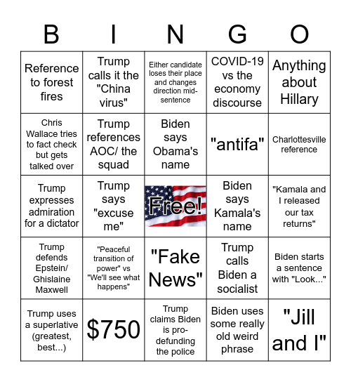 2020 Presidential Debate #1 Bingo Card